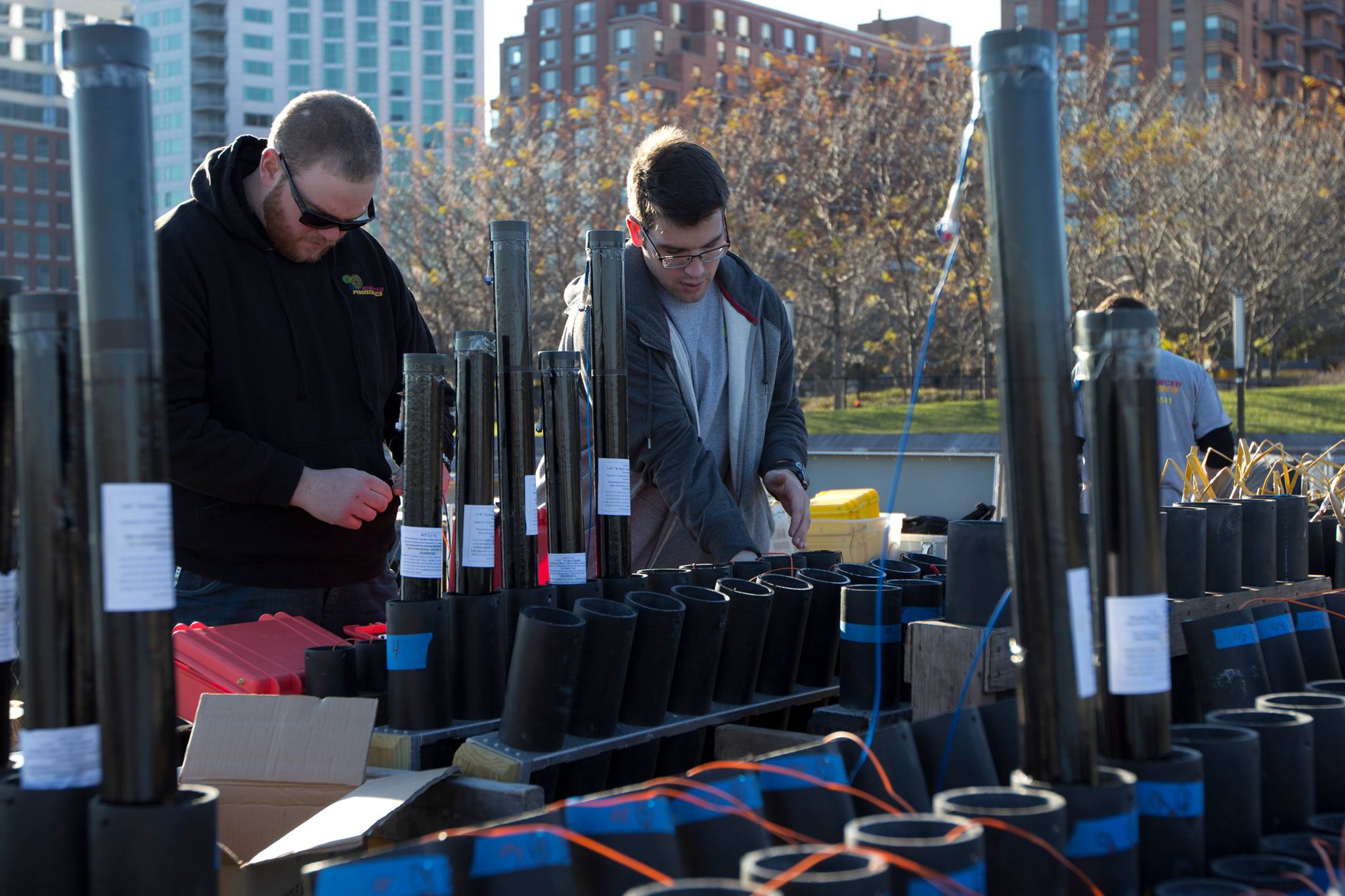 The crew of a New Jersey fireworks company sets up for a PA wedding fireworks show.