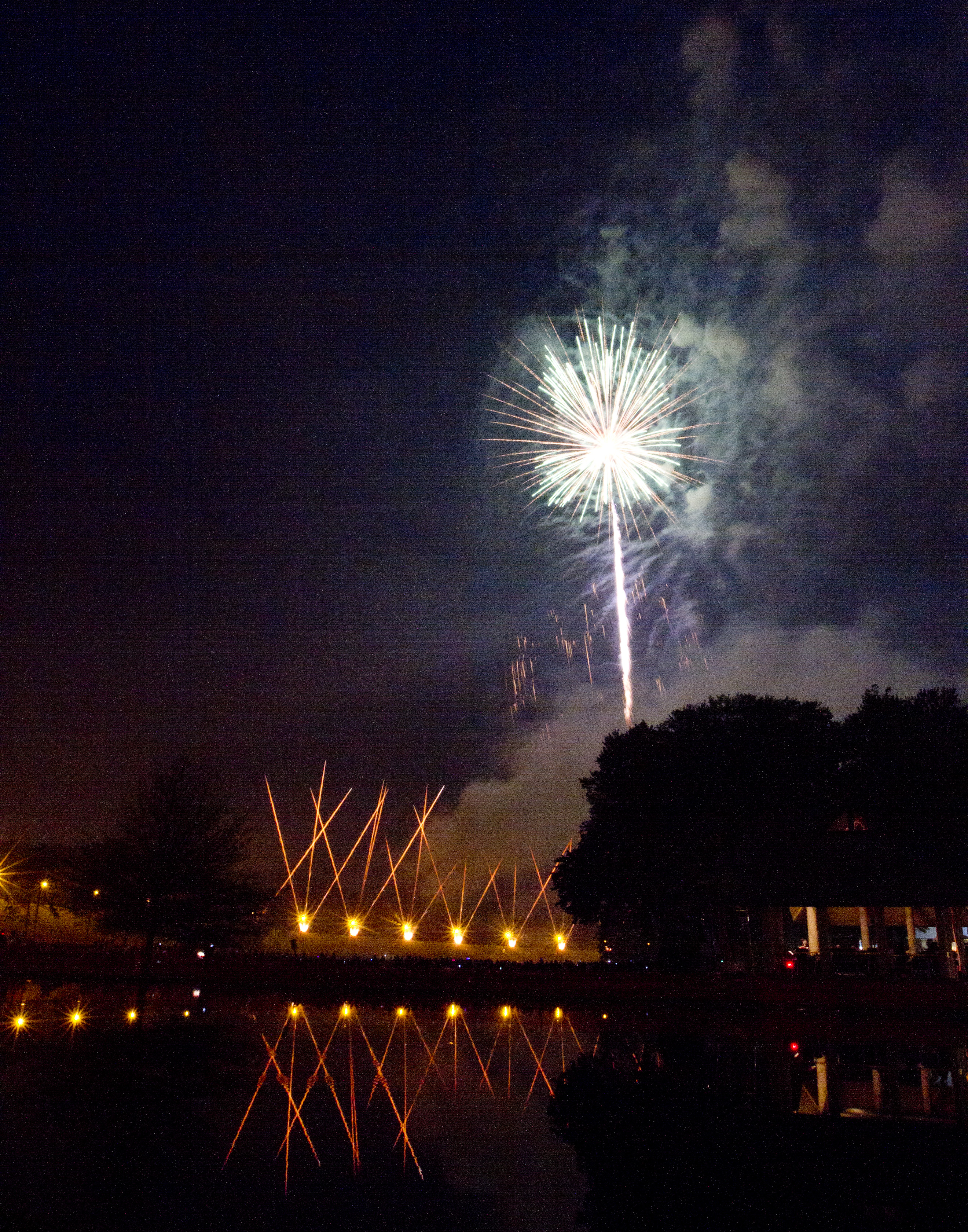 A firework shell breaks in the sky during a PA wedding fireworks show.