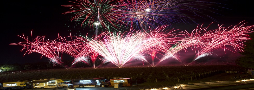 A vibrant red fireworks front is created at Laurita Winery by a New Jersey fireworks company for a pyromusical.