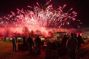 Spectators watching fireworks burst in air while enjoying a pyromusical display.